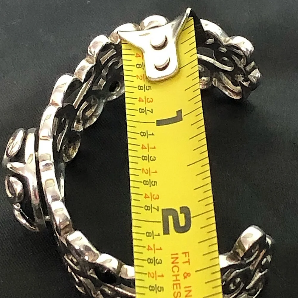 BARSE Black Onyx Cabochon Sterling Silver Scroll Filigree Cuff Bracelet MINT